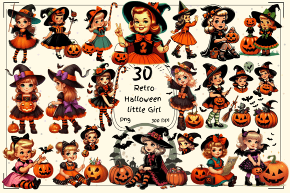 30 Retro Halloween Little Girls Clipart for Vintage Charm